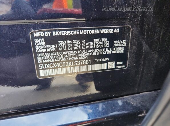 5UXCX4C53KLS37881 2019 BMW X7 Зеленый Вид наклейки с VIN-кодом