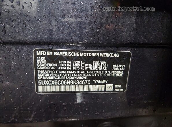5UXCX6C06N9K34670 2022 BMW X7 Серый Вид наклейки с VIN-кодом