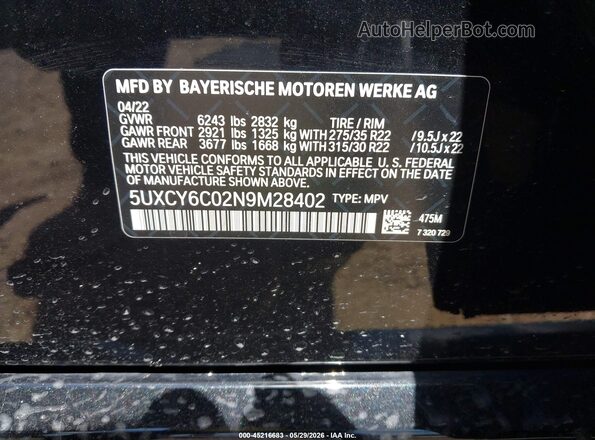 5UXCY6C02N9M28402 2022 BMW X6 Black Widok komory silnika
