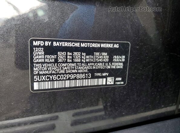 5UXCY6C02P9P88613 2023 BMW X6 Black Вид наклейки з VIN-кодом