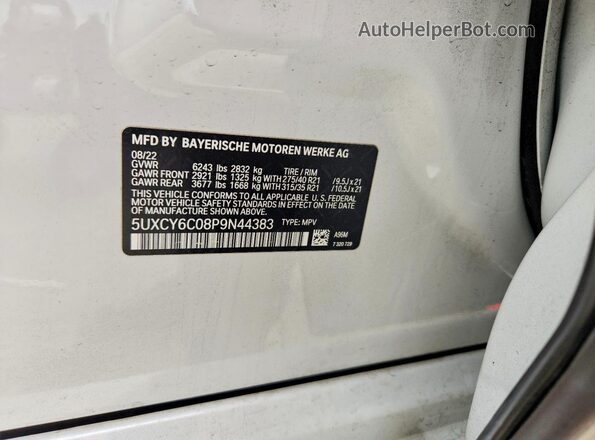 5UXCY6C08P9N44383 2023 BMW X6 White Widok naklejki z numerem VIN