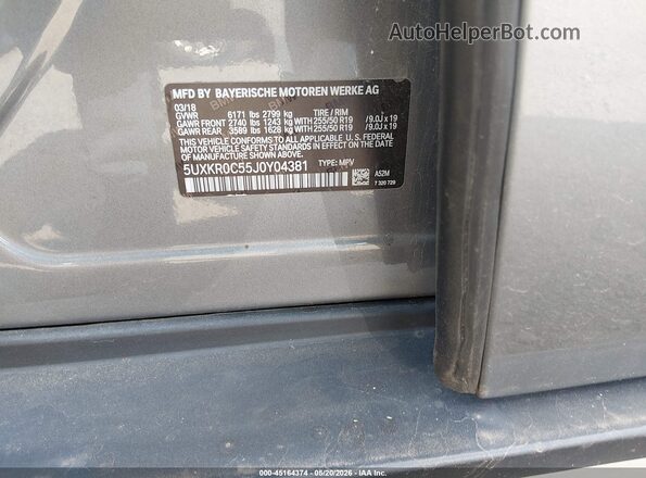5UXKR0C55J0Y04381 2018 BMW X5 Gray 