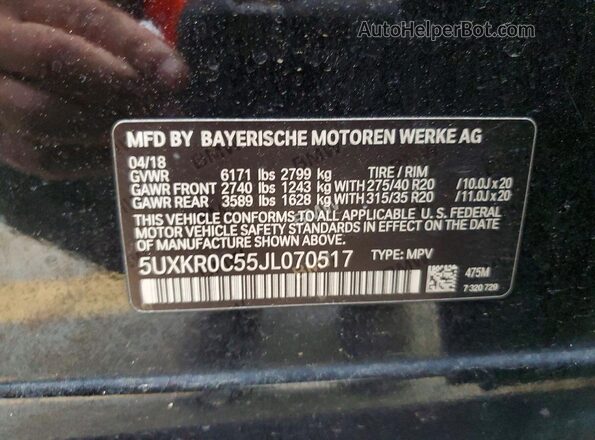 5UXKR0C55JL070517 2018 BMW X5 Black VIN կոդի պիտակի տեսք