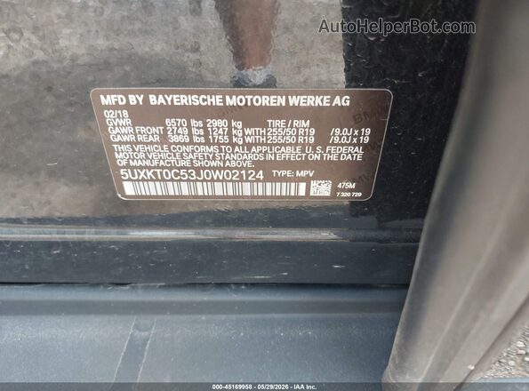 5UXKT0C53J0W02124 2018 BMW X5 Black Vista del compartimento del motor
