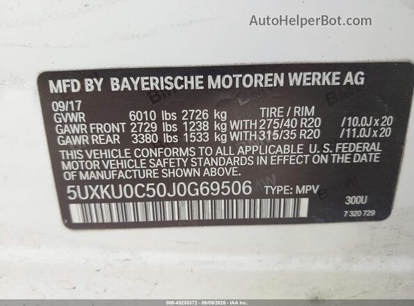 5UXKU0C50J0G69506 2018 BMW X6 White Вид підкапотного простору