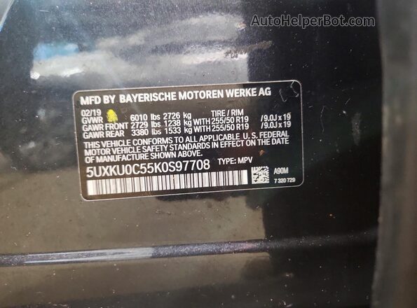 5UXKU0C55K0S97708 2019 BMW X6 Gray Вид наклейки з VIN-кодом