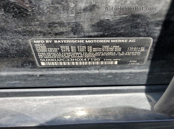 5UXKU2C33H0X47195 2017 BMW X6 Black Widok naklejki z numerem VIN