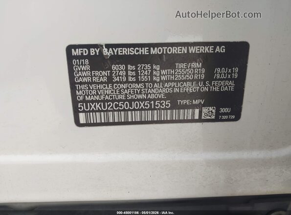5UXKU2C50J0X51535 2018 BMW X6 White 