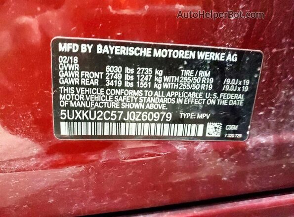 5UXKU2C57J0Z60979 2018 BMW X6 Red VIN կոդի պիտակի տեսք