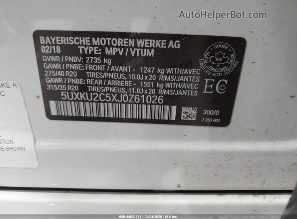 5UXKU2C5XJ0Z61026 2018 BMW X6 White Вид підкапотного простору