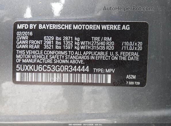 5UXKU6C53G0R34444 2016 BMW X6 Black ძრავის განყოფილების ხედი