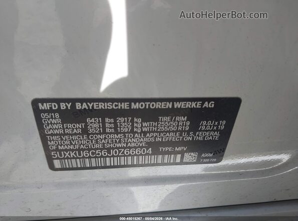 5UXKU6C56J0Z66604 2018 BMW X6 White Вид підкапотного простору