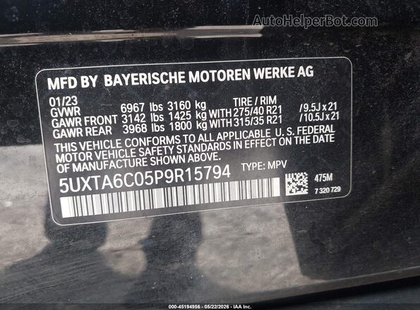 5UXTA6C05P9R15794 2023 BMW X5 Black Вид підкапотного простору