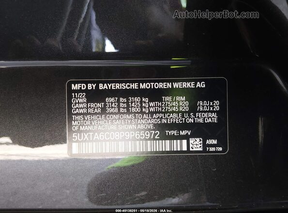 5UXTA6C08P9P65972 2023 BMW X5 Black Engine compartment view