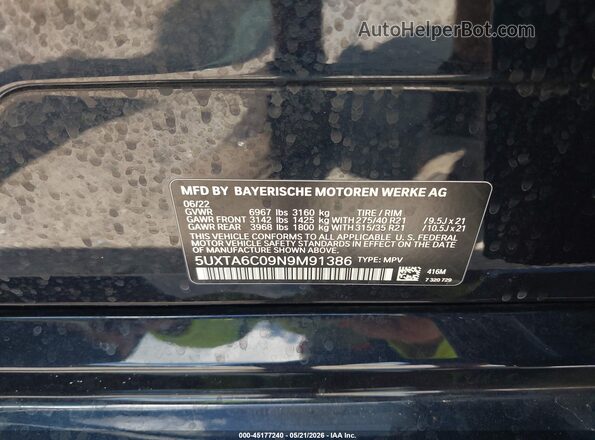 5UXTA6C09N9M91386 2022 BMW X5 Black 