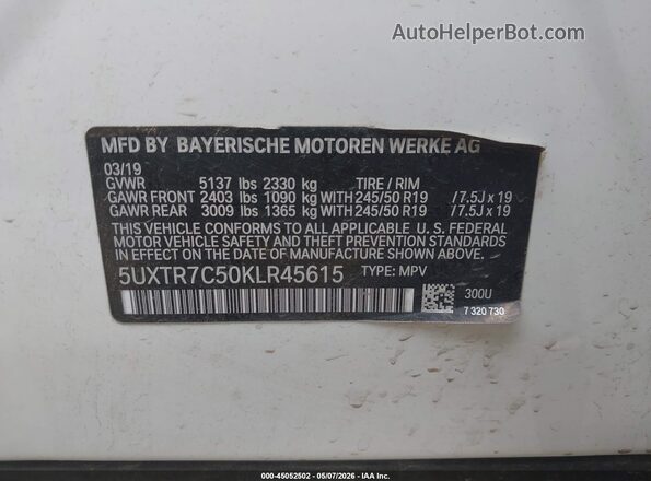 5UXTR7C50KLR45615 2019 BMW X3 White 