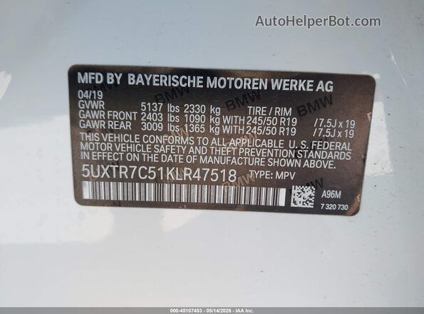 5UXTR7C51KLR47518 2019 BMW X3 White 