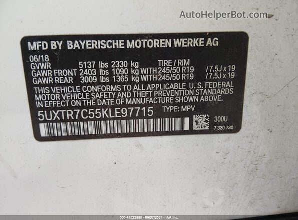 5UXTR7C55KLE97715 2019 BMW X3 White 