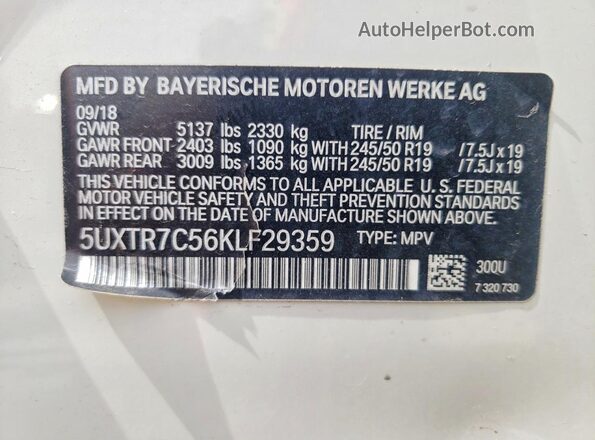 5UXTR7C56KLF29359 2019 BMW X3 Белый Вид наклейки с VIN-кодом