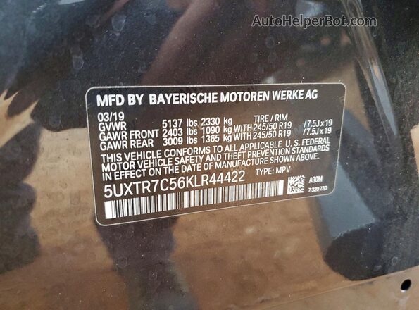 5UXTR7C56KLR44422 2019 BMW X3 Gray VIN կոդի պիտակի տեսք
