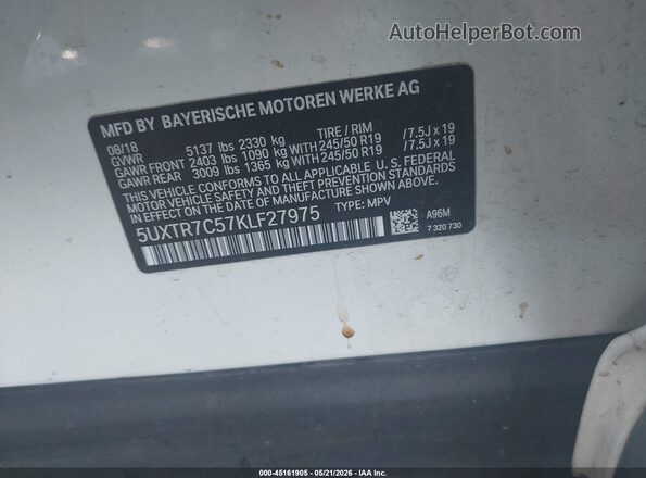 5UXTR7C57KLF27975 2019 BMW X3 White Շարժիչի բաժամունքի տեսք
