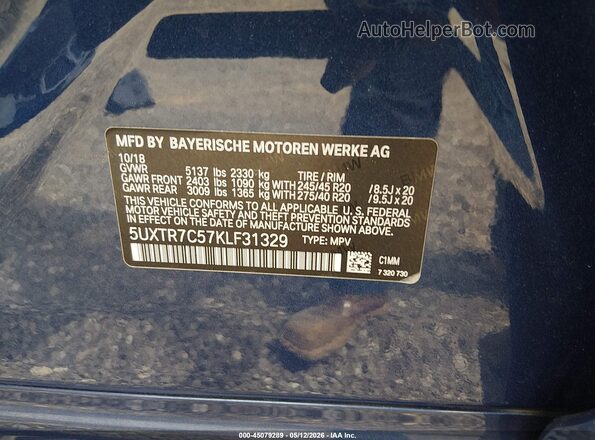 5UXTR7C57KLF31329 2019 BMW X3 Blue ძრავის განყოფილების ხედი