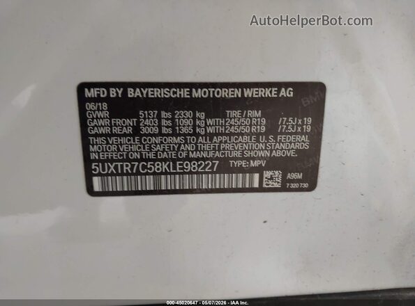 5UXTR7C58KLE98227 2019 BMW X3 Белый Вид подкапотного пространства
