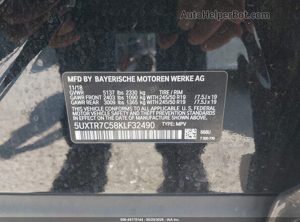 5UXTR7C58KLF32490 2019 BMW X3 Black Շարժիչի բաժամունքի տեսք