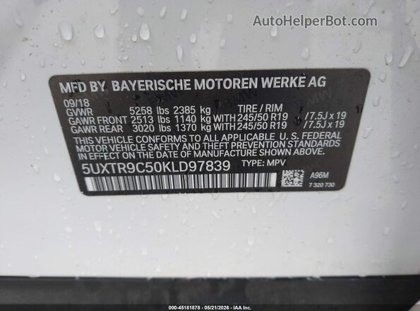 5UXTR9C50KLD97839 2019 BMW X3 White 