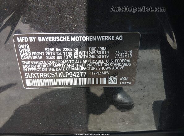 5UXTR9C51KLP94277 2019 BMW X3 Black Widok komory silnika