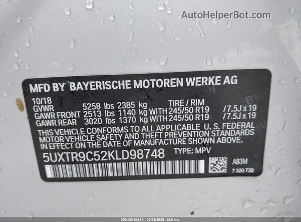 5UXTR9C52KLD98748 2019 BMW X3 Silver 
