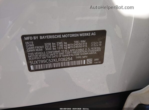 5UXTR9C52KLR08254 2019 BMW X3 White Вид підкапотного простору