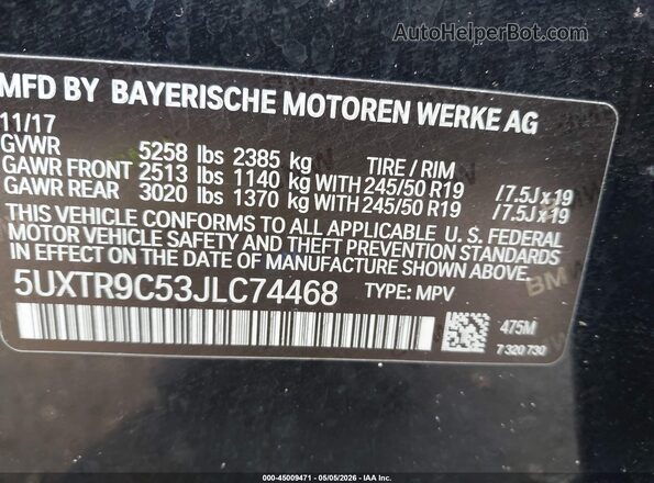 5UXTR9C53JLC74468 2018 BMW X3 Черный Вид подкапотного пространства