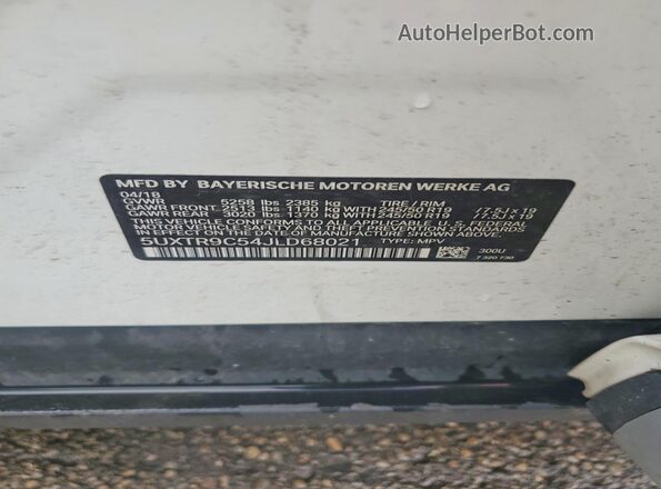 5UXTR9C54JLD68021 2018 BMW X3 White Widok naklejki z numerem VIN
