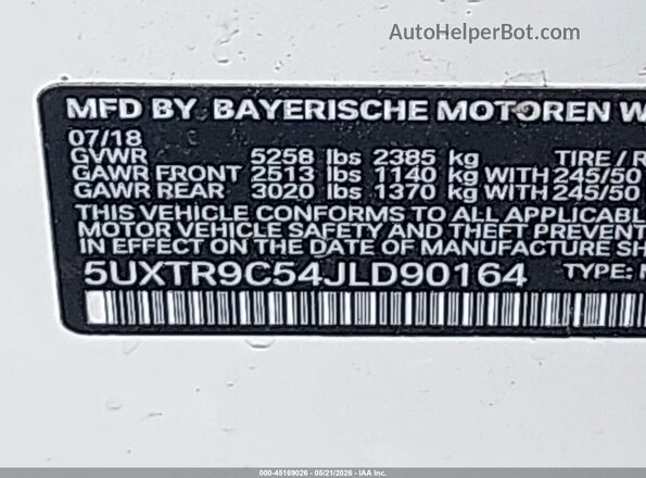 5UXTR9C54JLD90164 2018 BMW X3 Белый Вид подкапотного пространства