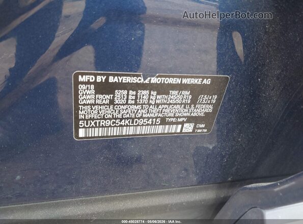 5UXTR9C54KLD95415 2019 BMW X3 Blue Вид підкапотного простору