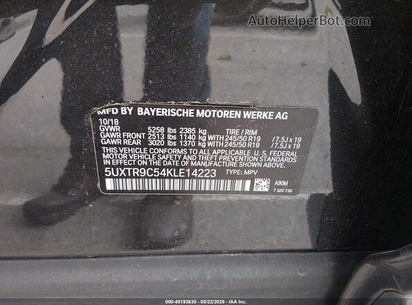 5UXTR9C54KLE14223 2019 BMW X3 Black Вид підкапотного простору