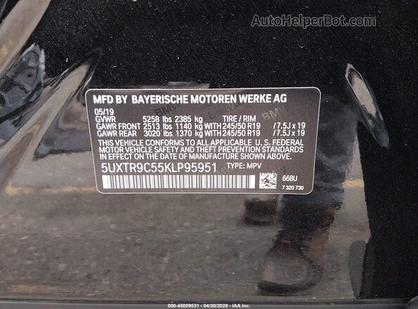 5UXTR9C55KLP95951 2019 BMW X3 Black Շարժիչի բաժամունքի տեսք