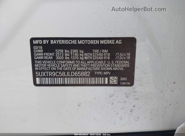 5UXTR9C58JLD65882 2018 BMW X3 White Շարժիչի բաժամունքի տեսք