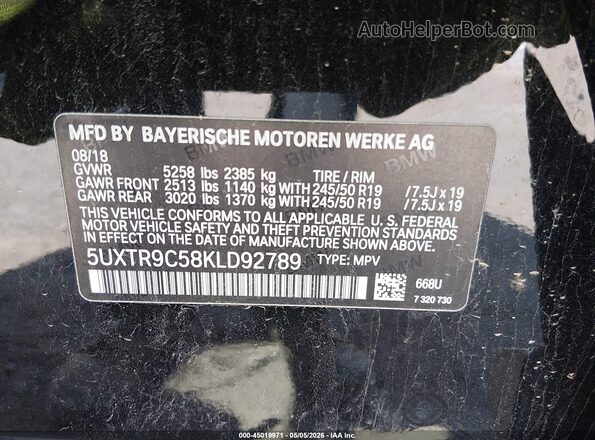 5UXTR9C58KLD92789 2019 BMW X3 Black Widok komory silnika