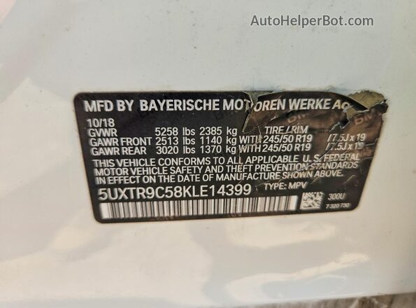 5UXTR9C58KLE14399 2019 BMW X3 White 