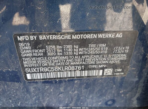 5UXTR9C58KLR08761 2019 BMW X3 Blue ძრავის განყოფილების ხედი