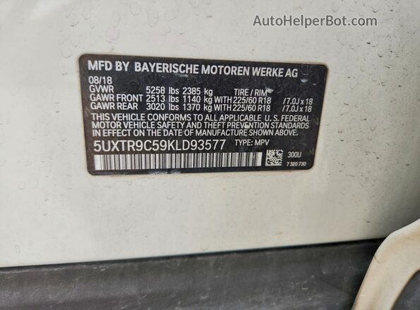 5UXTR9C59KLD93577 2019 BMW X3 White 