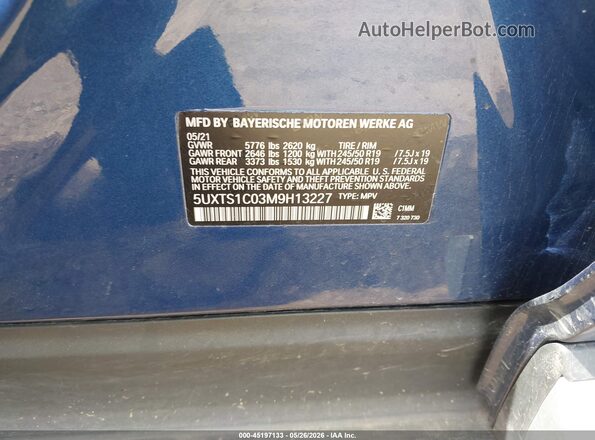 5UXTS1C03M9H13227 2021 BMW X3 Blue Engine compartment view