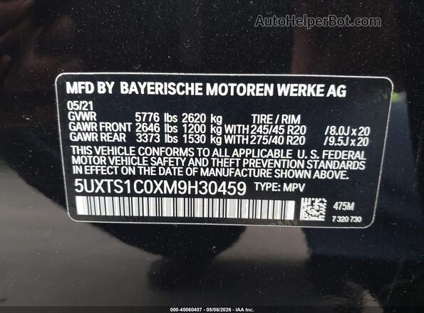 5UXTS1C0XM9H30459 2021 BMW X3 Черный 