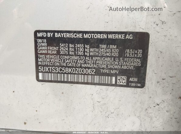5UXTS3C58K0Z03062 2019 BMW X3 White Widok komory silnika