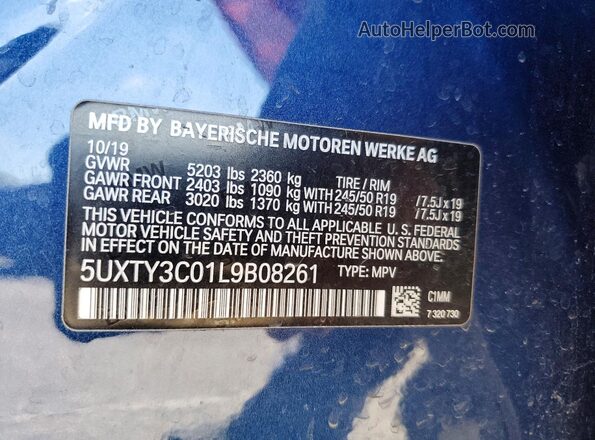 5UXTY3C01L9B08261 2020 BMW X3 Blue 