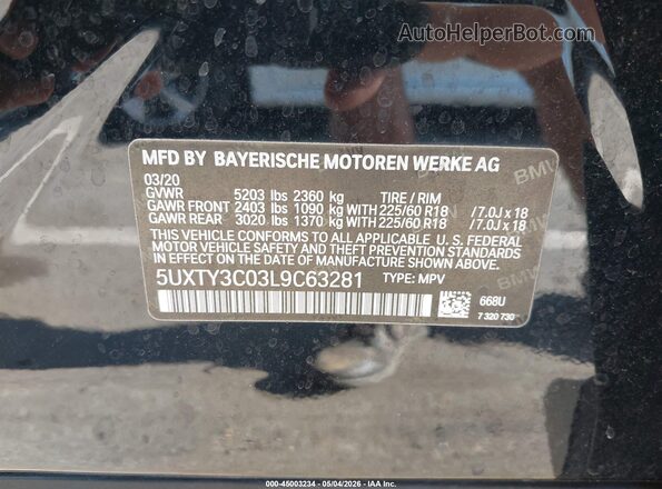 5UXTY3C03L9C63281 2020 BMW X3 Black 
