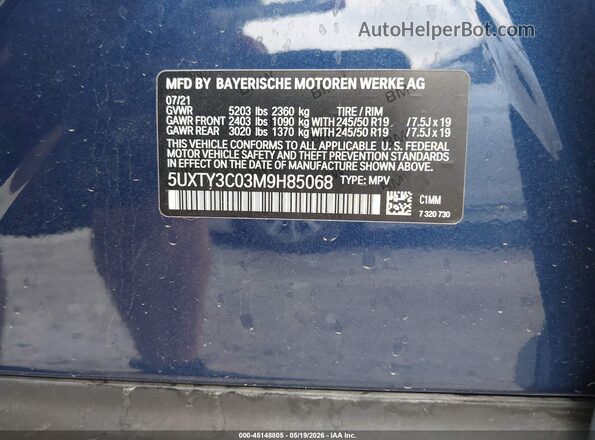 5UXTY3C03M9H85068 2021 BMW X3 Blue Engine compartment view