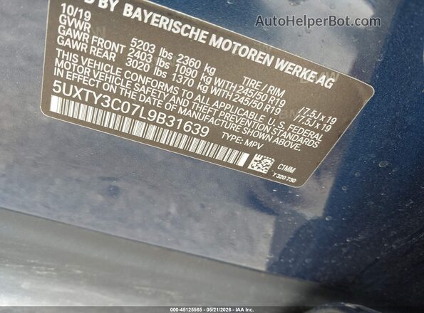5UXTY3C07L9B31639 2020 BMW X3 Blue Engine compartment view